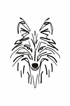 Dessin abstrait au trait d'un renard noir et blanc sur De Muurdecoratie