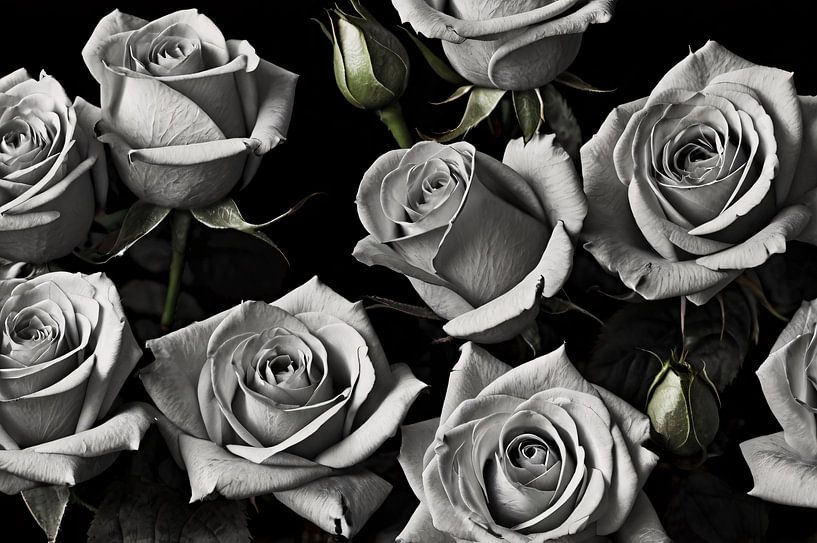 Gros plan en noir et blanc de fleurs de roses par Art & Soul Creations