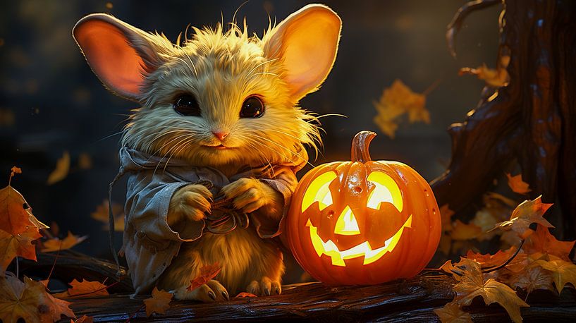 Süße Maus bewacht einen Kürbis zu Halloween, Illustration von Animaflora PicsStock