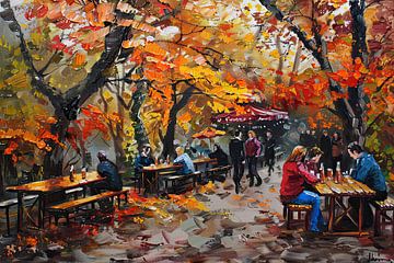 Herfst Biergarten Schilderij Sfeervolle Muurdecoratie  van Vlindertuin-Art