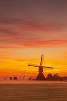 De broekmolen in de vroege mistige ochtend voor zonsopkomst