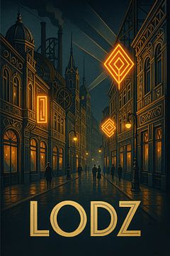 Lodz Piotrkowska Street Poster - Industrial Architecture &amp ; Neon Lights Art