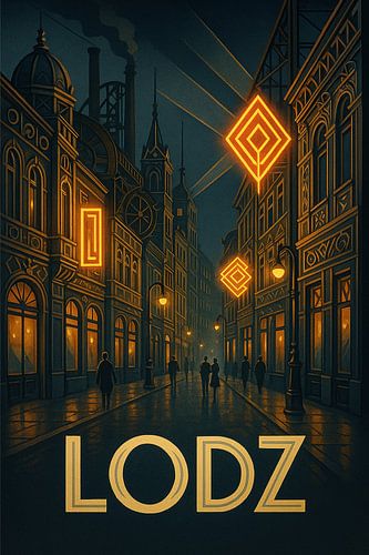 Lodz Piotrkowska Street Poster – Industrial Architecture & Neon Lights Art