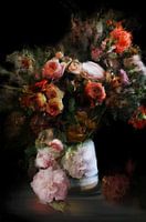 Dynamic flower still life with black background, in style of de Heem