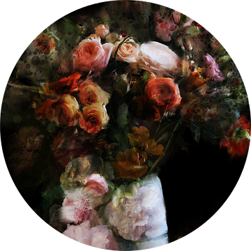 Dynamisch bloemstilleven met zwarte achtergrond, in stijl van de Heem van MadameRuiz