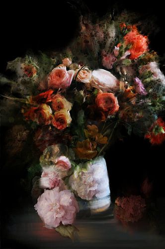 Dynamisch bloemstilleven met zwarte achtergrond, in stijl van de Heem