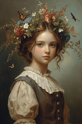 Meisje met vlinders en bloemen