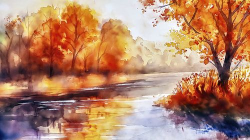 Herfstlandschap met heldere kleuren en rivier