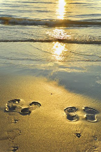 With your bare feet in the sand.