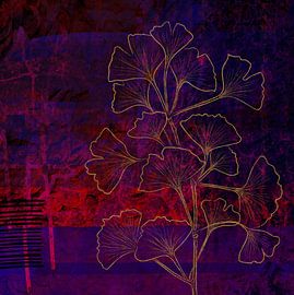 Ginko Biloba Zweig Gold - Moderne Kunst - Stillleben - Lila Bordeaux Blau von Marlou Westerhof