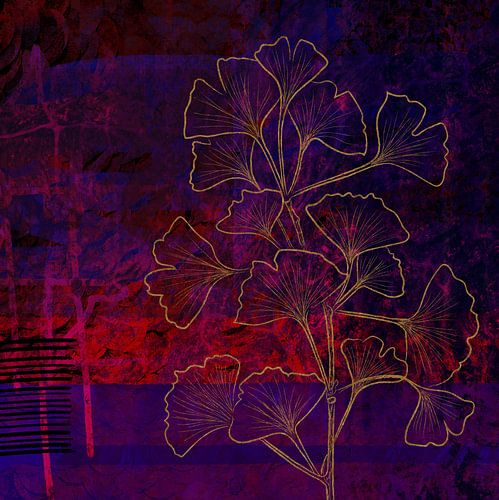 Ginko Biloba Zweig Gold - Moderne Kunst - Stillleben - Lila Bordeaux Blau von Marlou Westerhof
