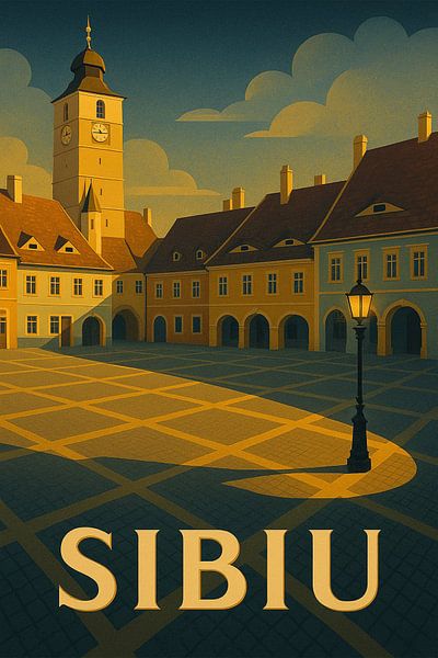 Affiche de la Grande Place de Sibiu - Transylvanian Council Tower &amp;amp ; Roof Eyes Art par Travel Shop