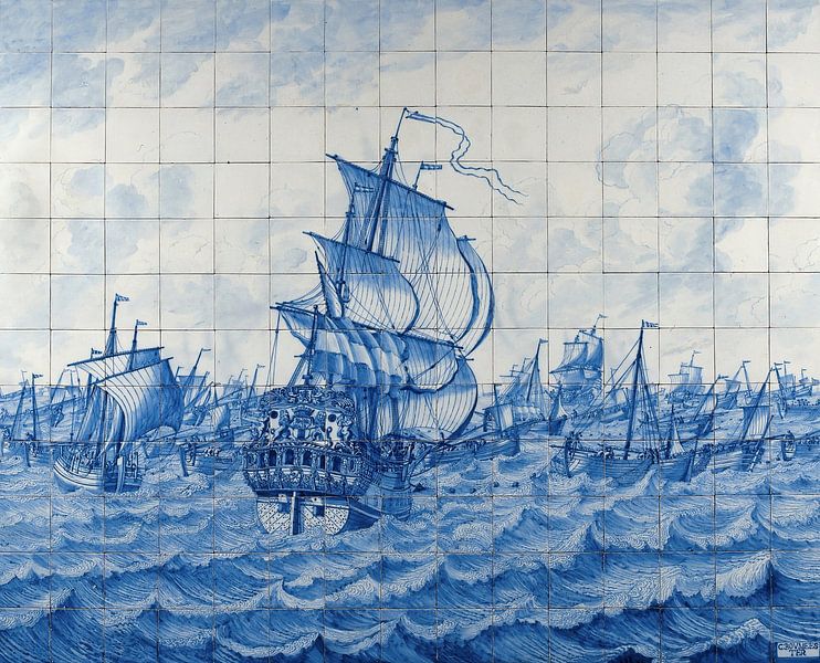 Fliesenplatte mit dem holländischen Schiff Rotterdam und der Heringsflotte von Meisterhafte Meister