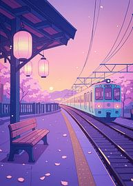 Anime Train Station Cherry Blossom Sakura Japan by Ruzerin