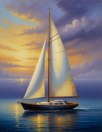 Ein atemberaubendes Segelboot als Premium-Leinwand-Kunstdruck, das bei goldenem Sonnenuntergang über einen ruhigen, tiefblauen Ozean segelt.