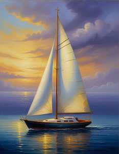 Ein atemberaubendes Segelboot als Premium-Leinwand-Kunstdruck, das bei goldenem Sonnenuntergang über einen ruhigen, tiefblauen Ozean segelt.