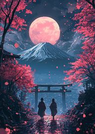 Moonlit Serenity: A Journey Through Cherry Blossoms and Mount Fuji