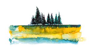 Nadelbäume auf gefrorenem Boden | Handgemachte Aquarellmalerei