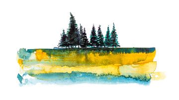 Naaldbomen op bevroren grond | Handgemaakte Aquarel schilderij van WatercolorWall