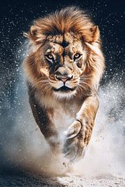 Löwe stürmt durch eine Staubwolke von Digitale Schilderijen