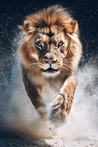 Leeuw stormt door een wolk van stof