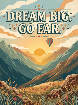 « Dream Big Go Far » : illustration vintage d'une montagne et d'une montgolfière – Design graphique inspirant