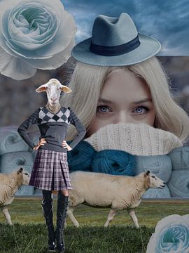 Schafe und blaue Wolle, Collage von Lida Bruinen