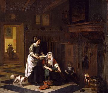 Twee vrouwen en twee kinderen in een keuken met een hond, Pieter de Hooch