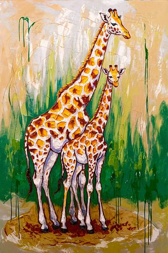 Kleurrijk schilderij van twee giraffen