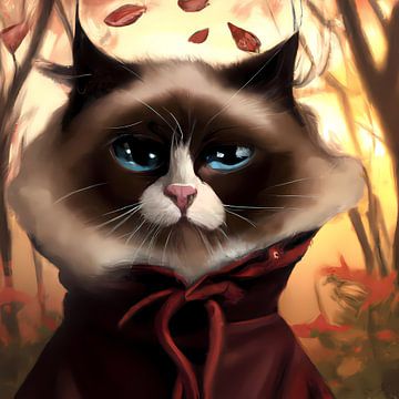 Portrait amusant d'un chat Ragdoll avec une cape rouge dans une forêt d'automne sur Maud De Vries
