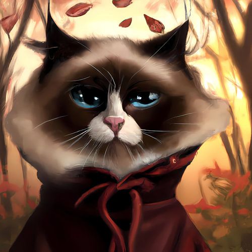 Grappig portret Ragdoll kat met rode cape in herfst bos