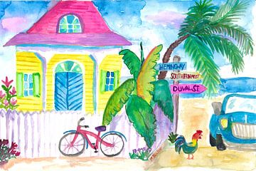 Yellow Conch House Tropical Street Scene With Bike and Rooster von Markus Bleichner