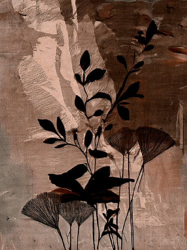 Wabi-Sabi Art: Sfeervol Botanisch Silhouet met Ginkgo en Aardetinten