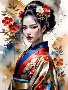 Ein eindrucksvolles Aquarellporträt zeigt eine schöne asiatische Frau