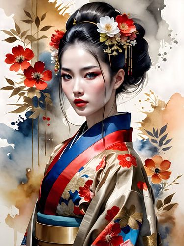 Een opvallend aquarel portret legt een prachtige Aziatische vrouw