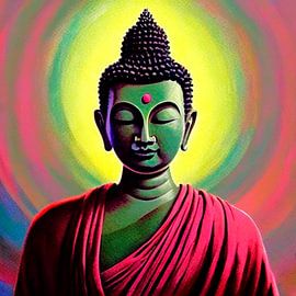 Boeddha in een roze rood gewaad.