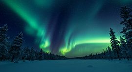 Aurora Borealis über verschneitem Winterwald – Premium Wandkunst von ButterflyPix