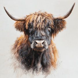 Schotse Hooglander in Zachte Penseelstreek op Licht Fond van Eva Lee
