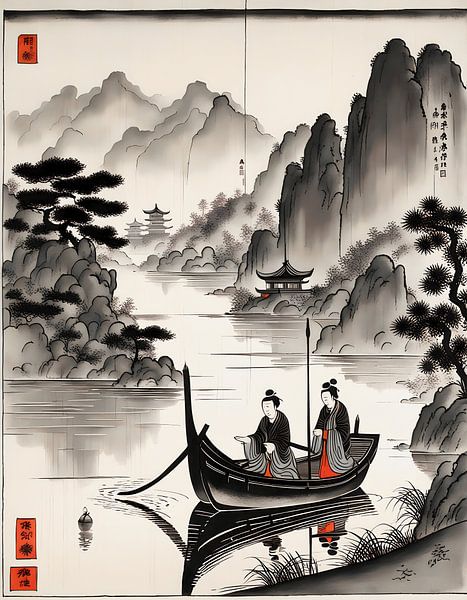 Pêcheurs sur le lac de montagne par Woodblocks en Posters