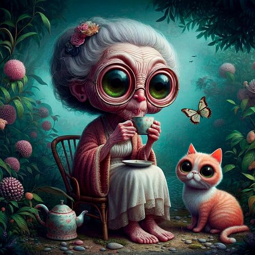 Oma drinkt thee in de tuin met de kat