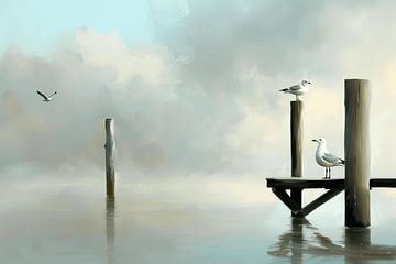 Seagulls by the sea by Japandi Art Studio
