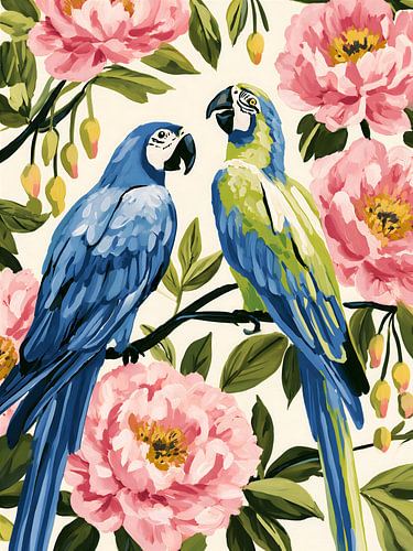 Tropische Papageien zwischen rosa Blumen