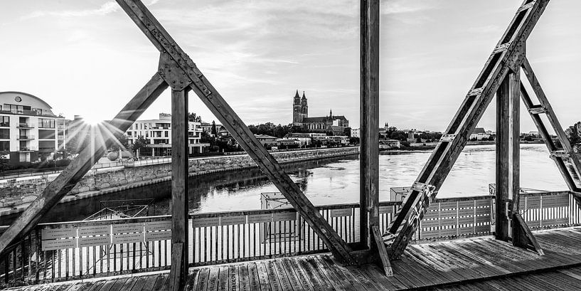 Magdeburg with the lift bridge and the cathedral - Monochrome by Werner Dieterich