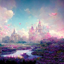 Dromerig landschap met kastelen aan de rivier, de lucht is roze gekleurd van Berit Kessler