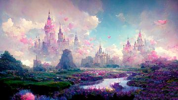 Dromerig landschap met kastelen aan de rivier, de lucht is roze gekleurd van Berit Kessler
