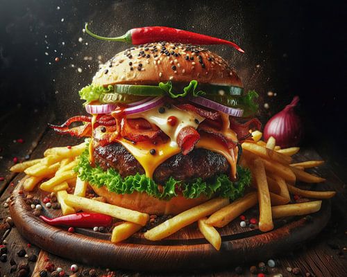 Big burger with chilli and fries