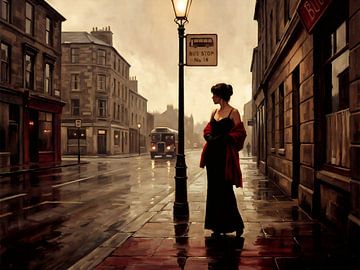 Woman in Red Shawl on Rainy Street