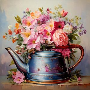 Vintage-Wasserkocher mit Blumenstrauß