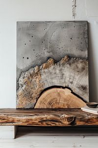 Stillleben aus Holz und Beton mit Kunstwerken auf einem Holztisch
