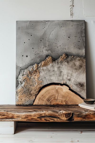 Stillleben aus Holz und Beton mit Kunstwerken auf einem Holztisch von Digitale Schilderijen